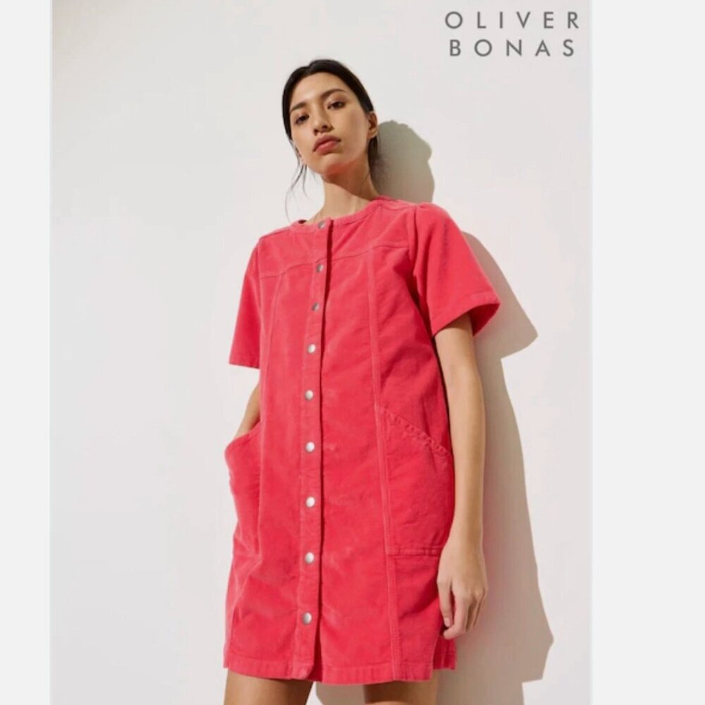 Oliver Bonas Corduroy Cotton Stretch Red Mini Shirt Dress Size 14